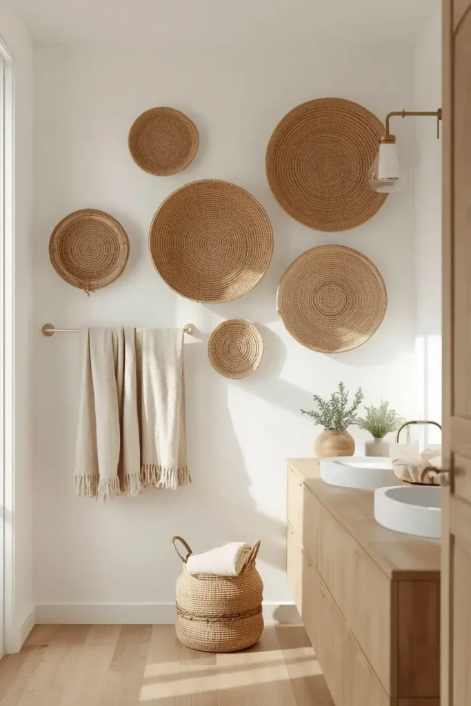 Round woven baskets arranged as natural wall decor in a bathroom.