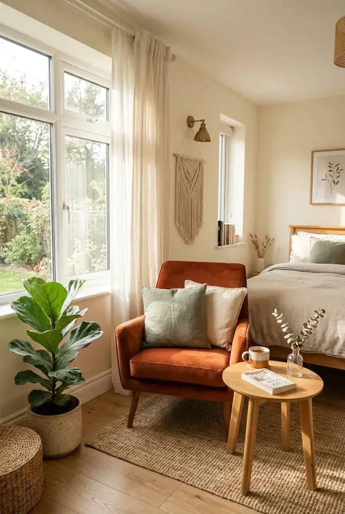 Rust orange accent chair with sage green decor, indoor plant, and wooden side table in a cozy bedroom.