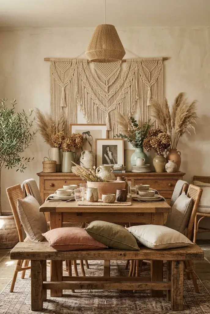 Rustic boho dining room with reclaimed wood bench, woven chairs, and earthy cushions.