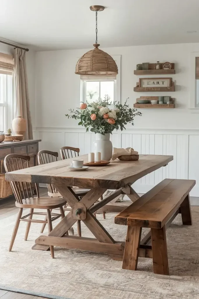 Rustic farmhouse dining table with wooden chairs and cozy decor