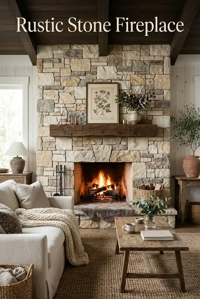 Rustic living room featuring a natural stacked-stone fireplace, wood mantel, linen sofa, woven rug, and cozy textures.