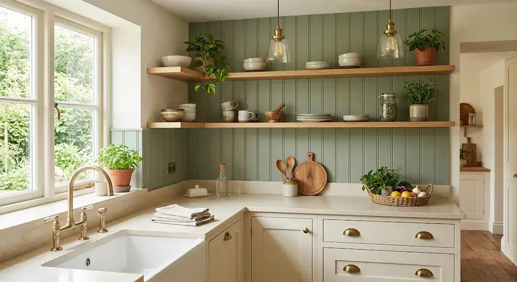 Sage green bead board backsplash in a cozy kitchen