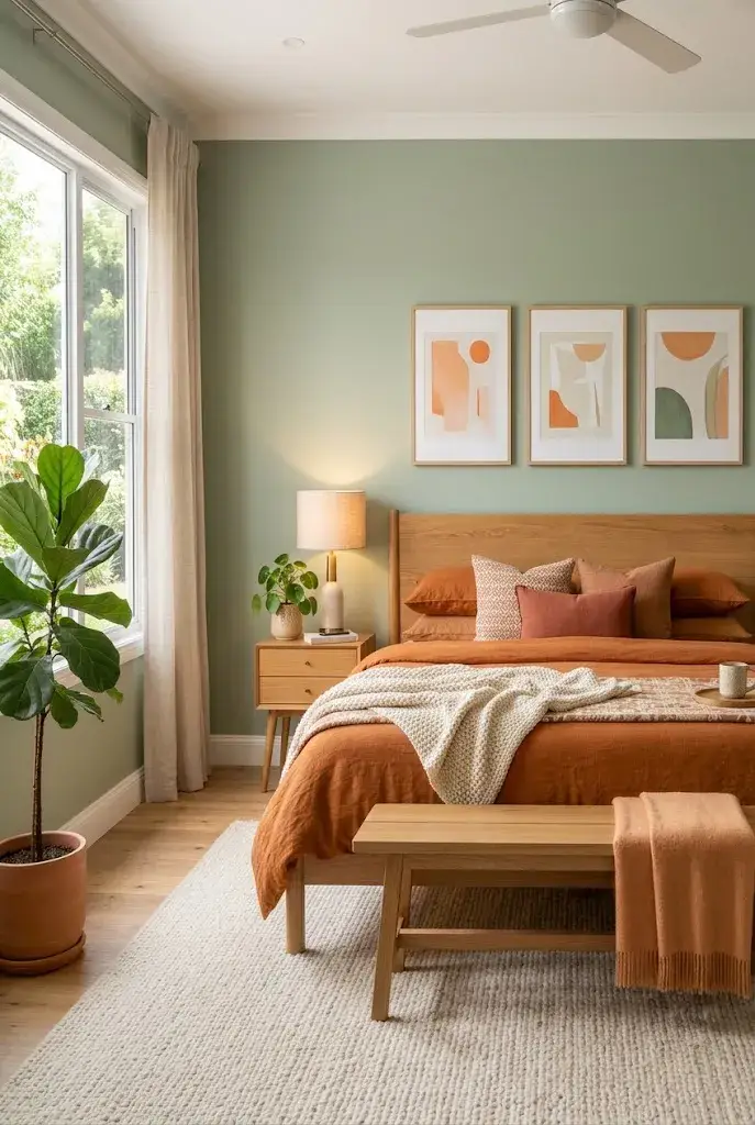 Sage green bedroom with burnt orange bedding, cream pillows, wooden furniture, and warm lighting.