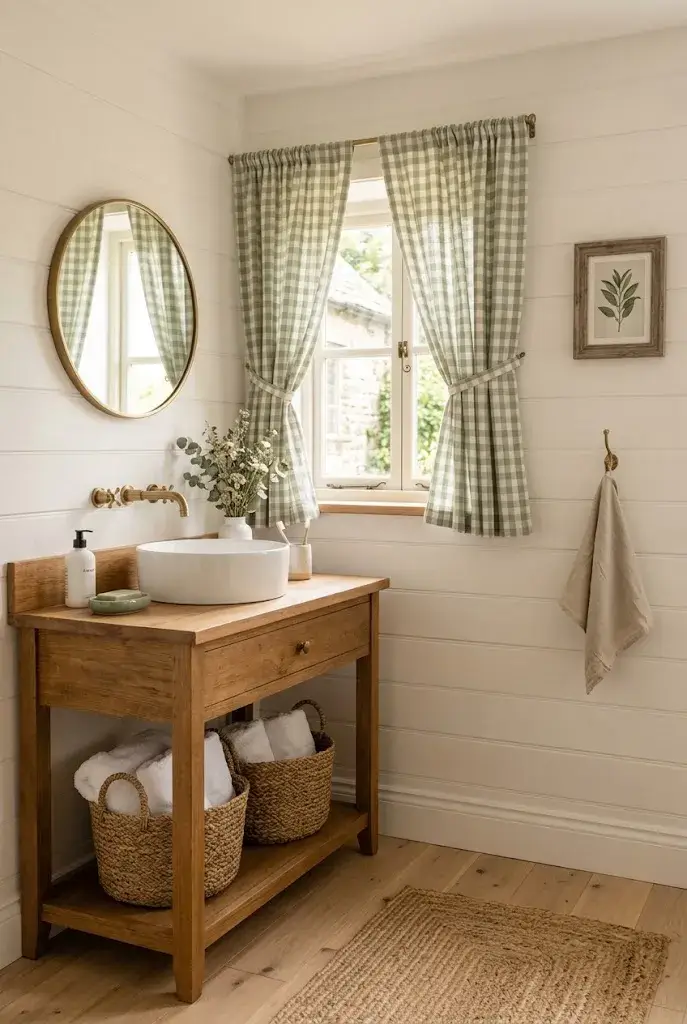 Sage green gingham curtains creating a cozy farmhouse bathroom window