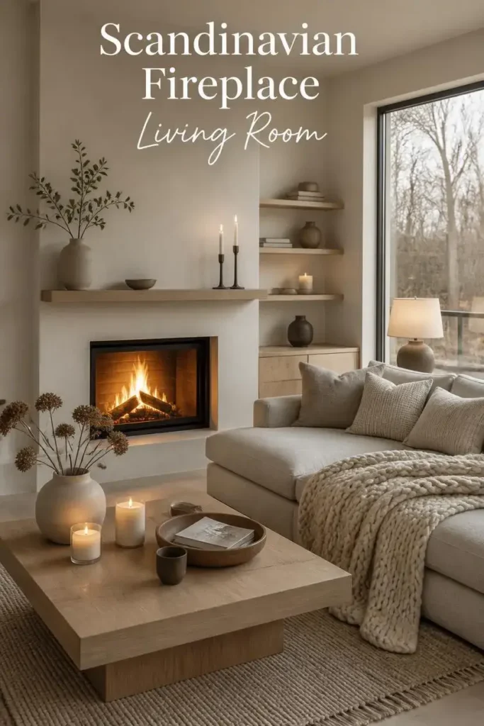Scandinavian living room with a minimalist fireplace, pale wood furniture, cream walls, soft gray textiles, and cozy lighting.