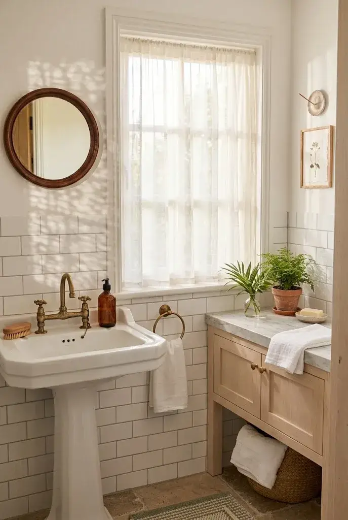Sheer white curtains creating an airy and bright bathroom window