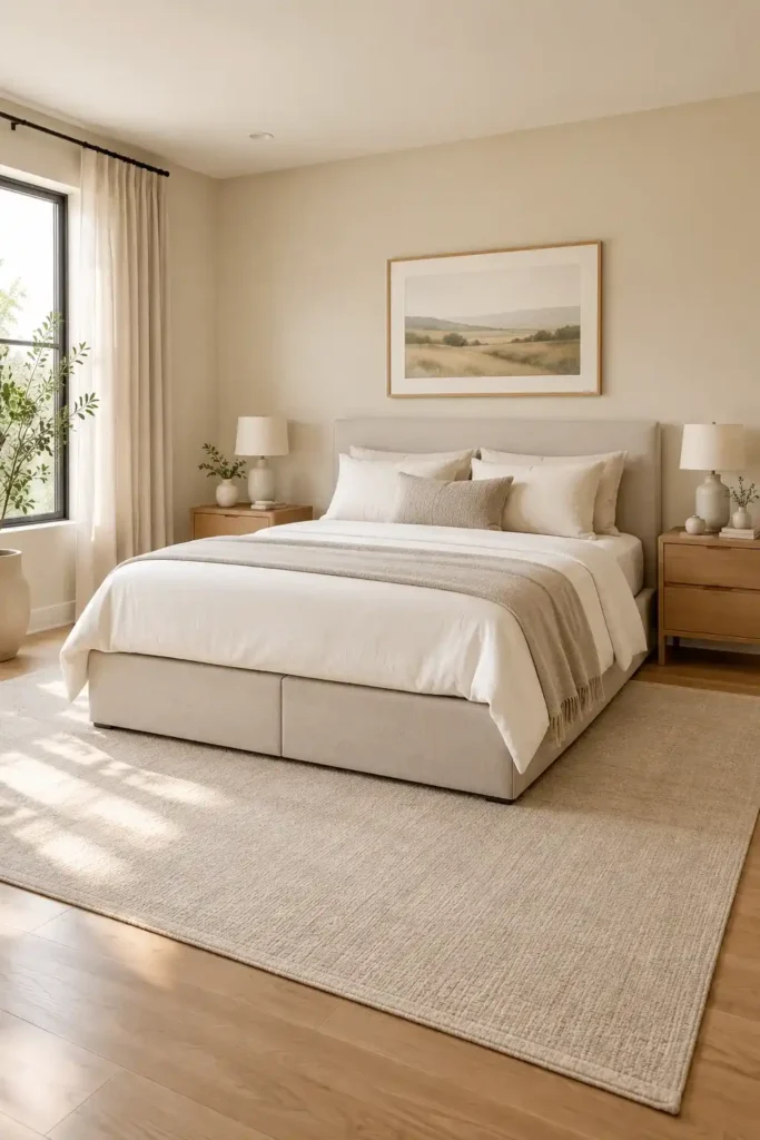 Simple clutter-free master bedroom with neutral colors and minimal decor