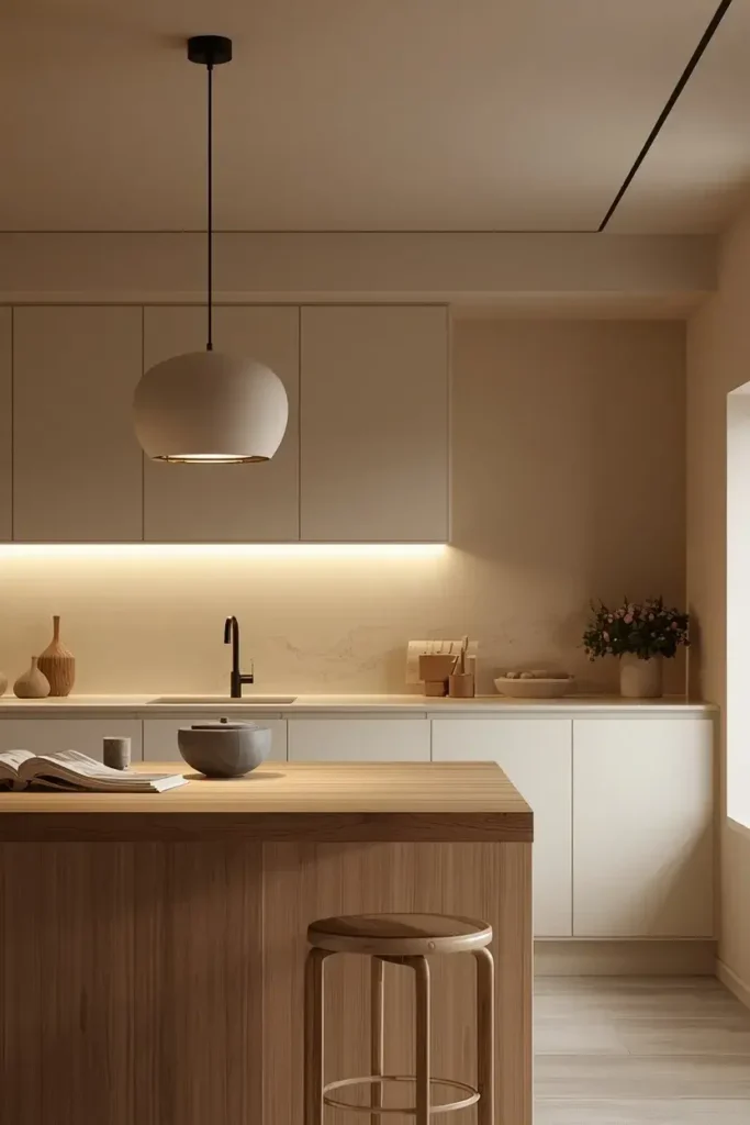 Simple warm pendant lights create a cozy atmosphere above a Japandi kitchen island.