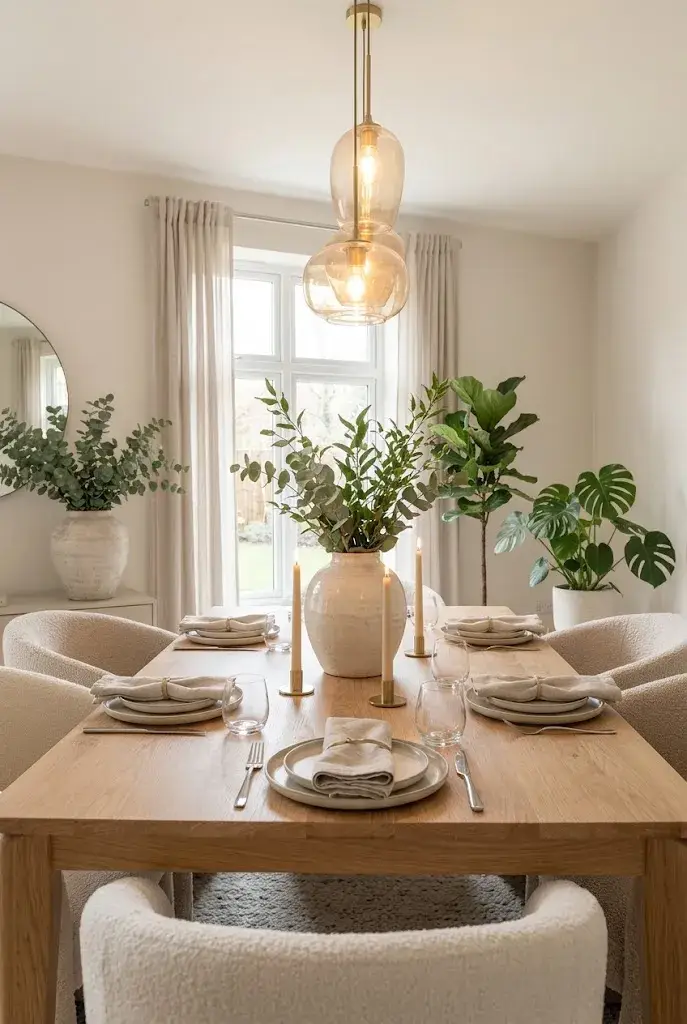 Simply styled dining table with ceramic vase, greenery, linen napkins, and candles.
