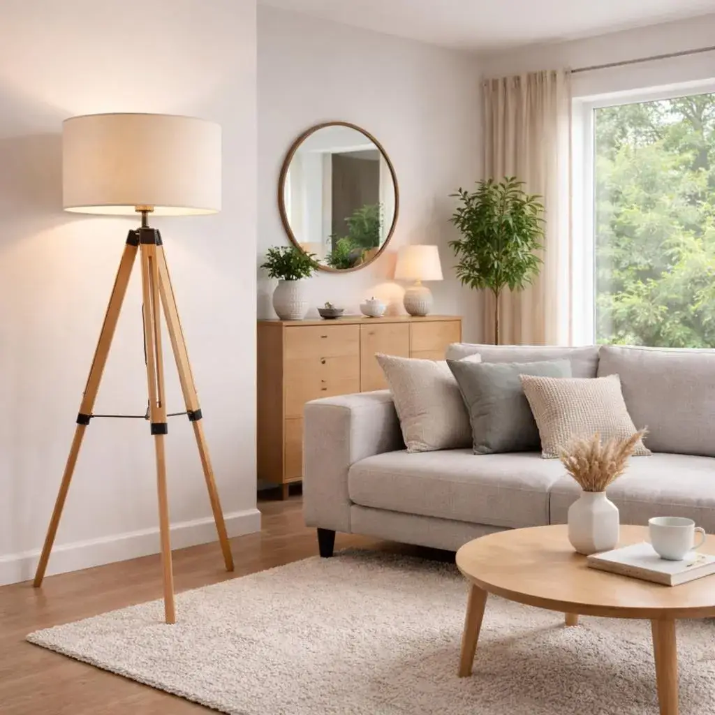 Slim black floor lamp beside a beige sofa in a modern neutral living room.