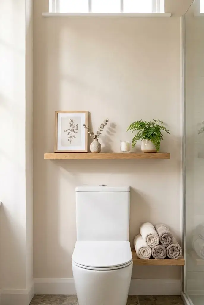 Slim picture ledge displaying artwork and small decorative accessories in a bathroom.