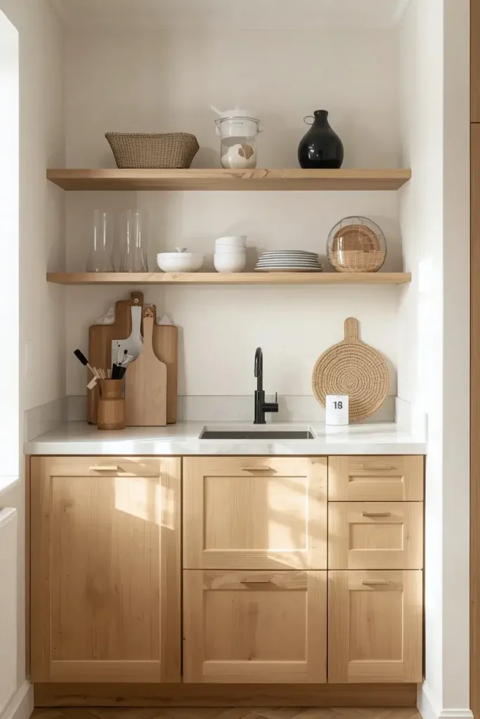 Small Scandinavian-inspired kitchen with light oak cabinets, cream walls, and warm natural textures.