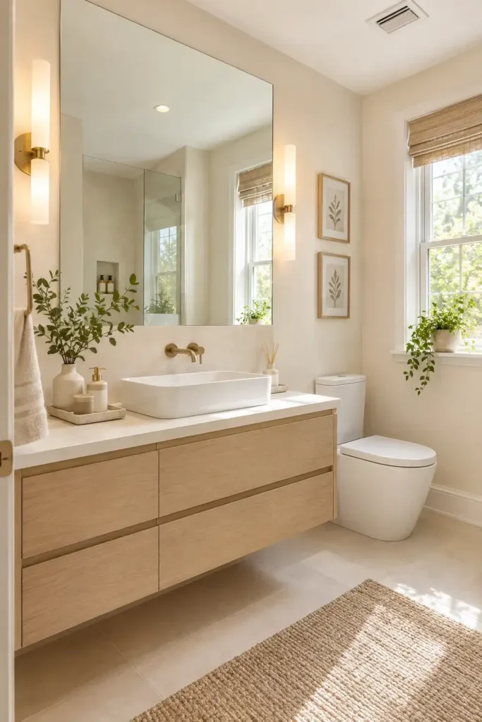 Small bathroom with large frameless mirror creating a brighter and more spacious look.
