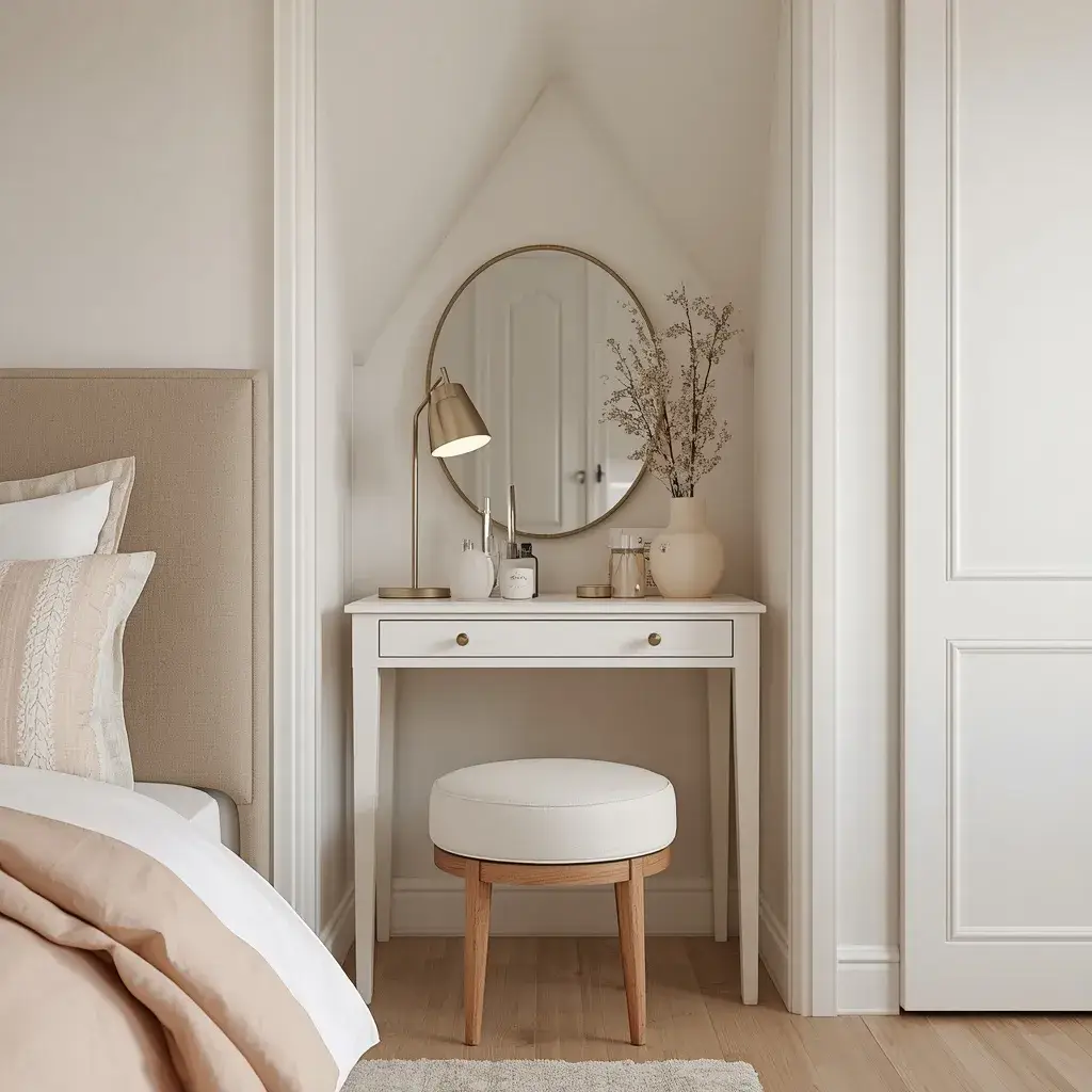Small bedroom vanity with slim desk, oval mirror, and compact upholstered stool.