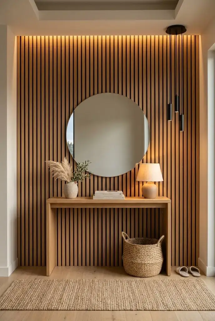 Small entryway with a black slatted wall, wooden console, round mirror, and warm lighting