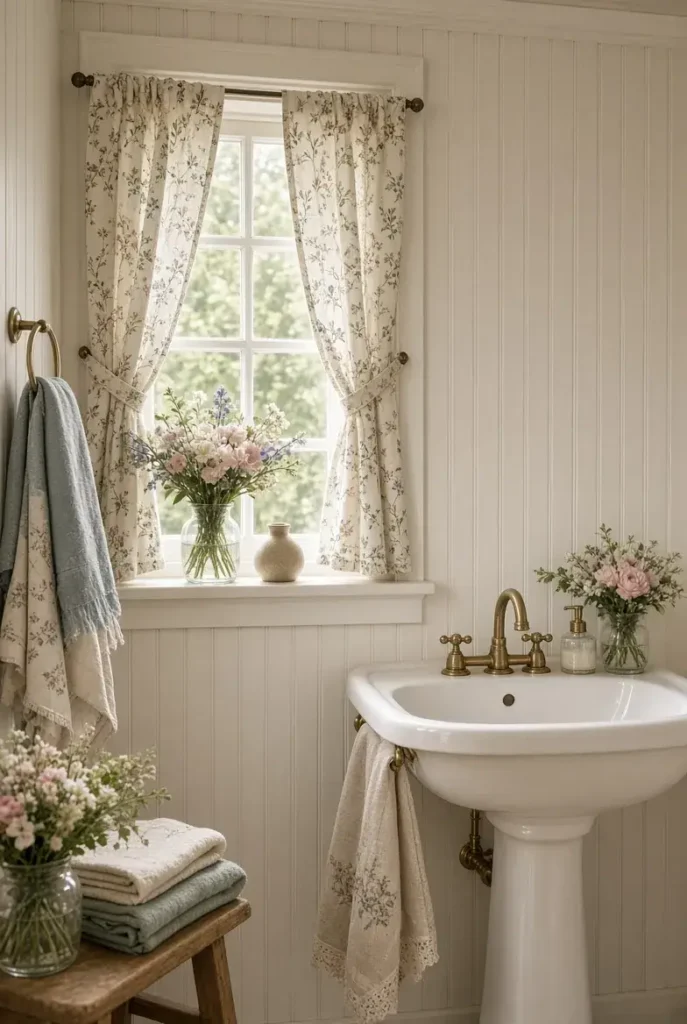 Small floral print curtains adding color and charm to a bathroom window