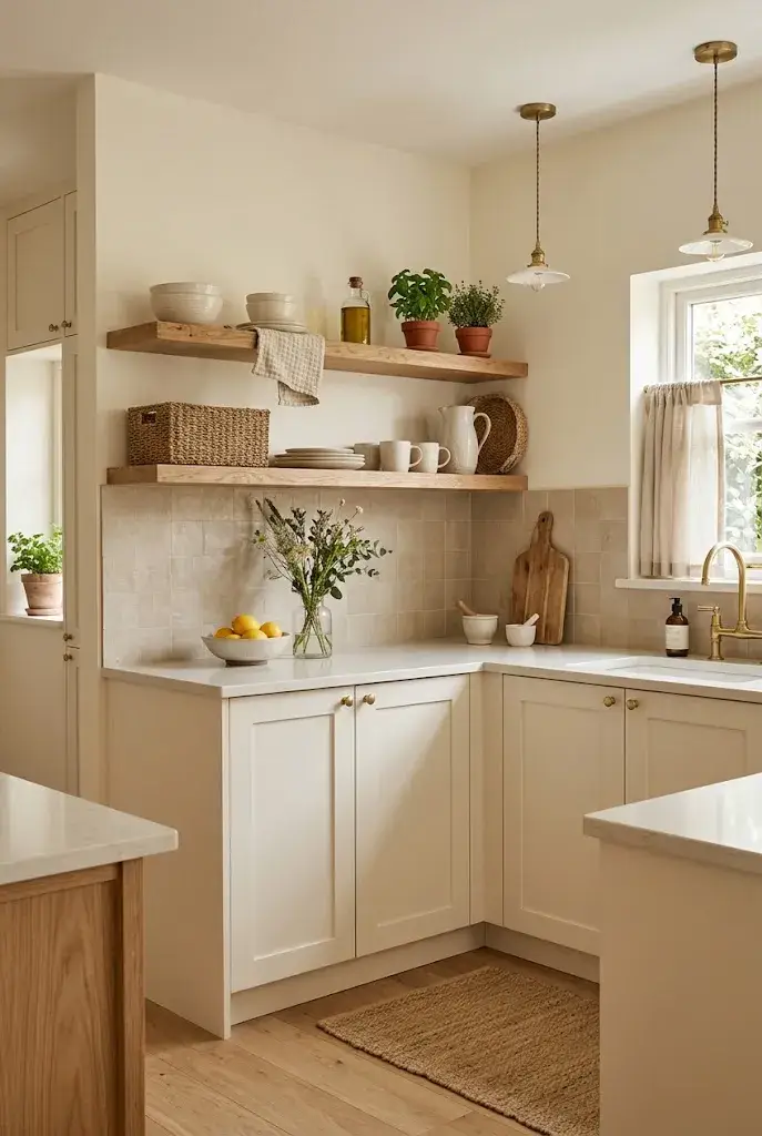 Small kitchen decorated in a cohesive cream, beige, pale wood, and brass color palette.