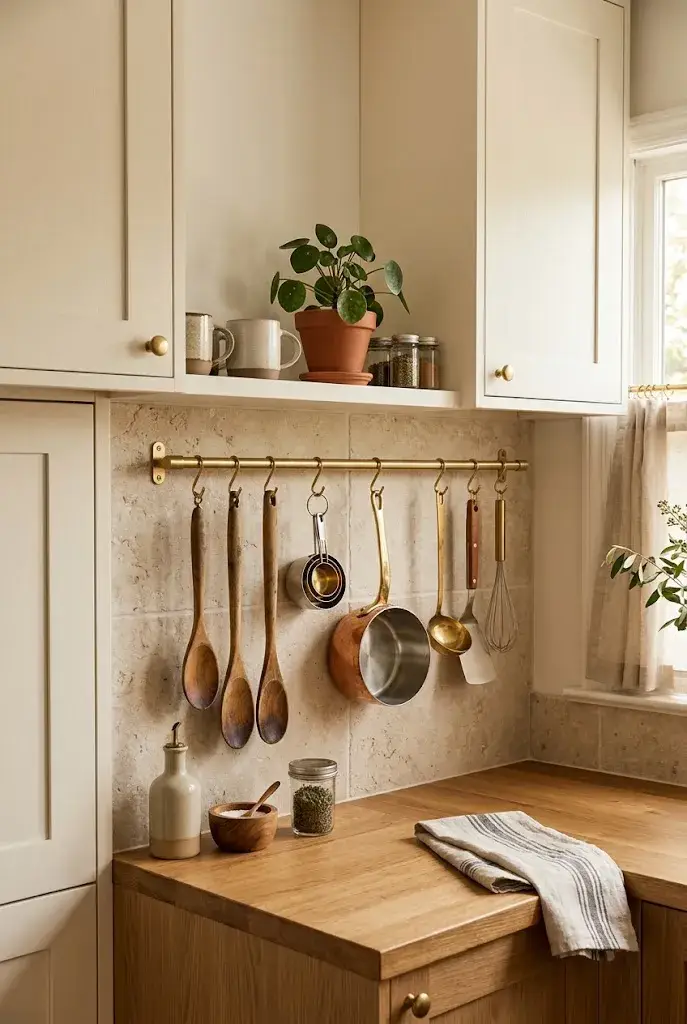 Small kitchen with a brass wall rail displaying wooden utensils, measuring cups, and a small saucepan.