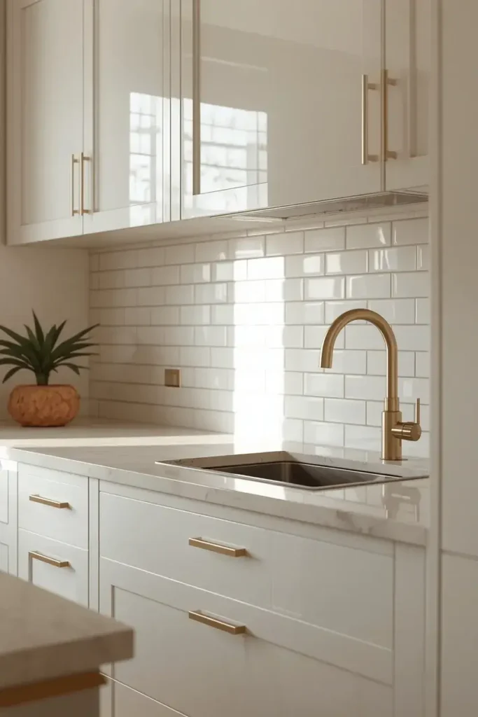 Small kitchen with a glossy white backsplash reflecting light between warm cabinets and pale countertops.