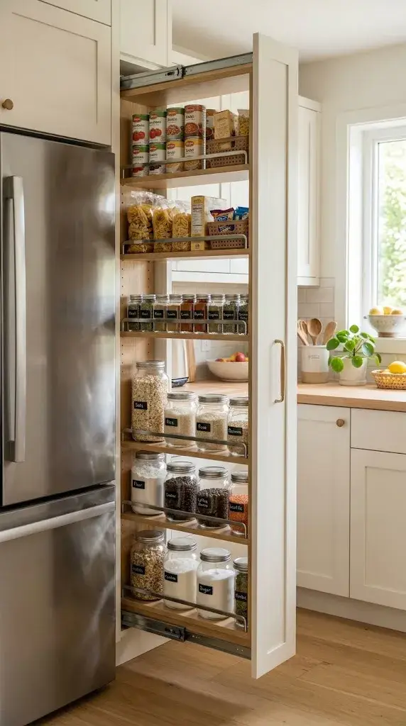 Small kitchen with a slim pull-out pantry containing neatly organized jars, spices, and dry ingredients.
