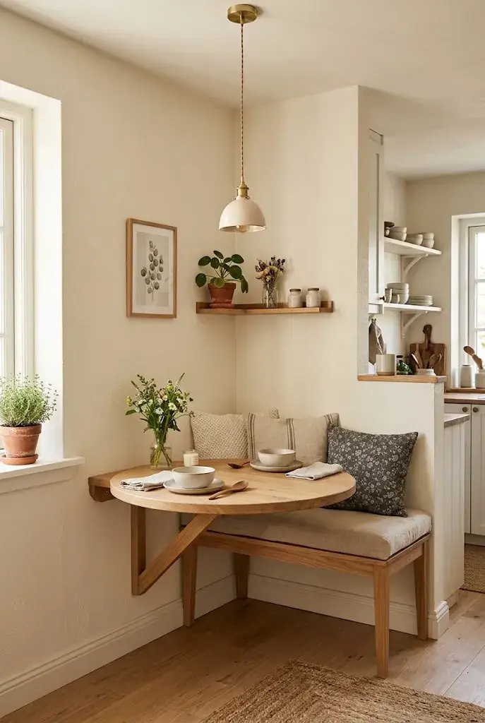 Small kitchen with a wall-mounted wooden dining table, slim bench, beige cushions, and warm lighting.