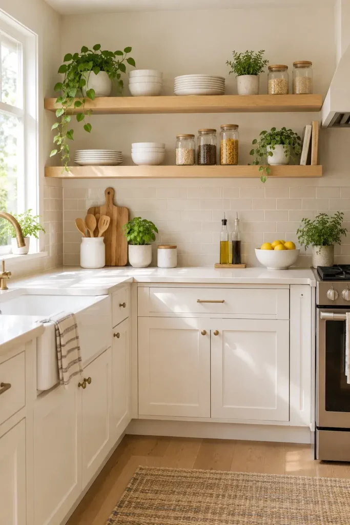 Small kitchen with open wooden shelves displaying white dishes, glass jars, and small plants.