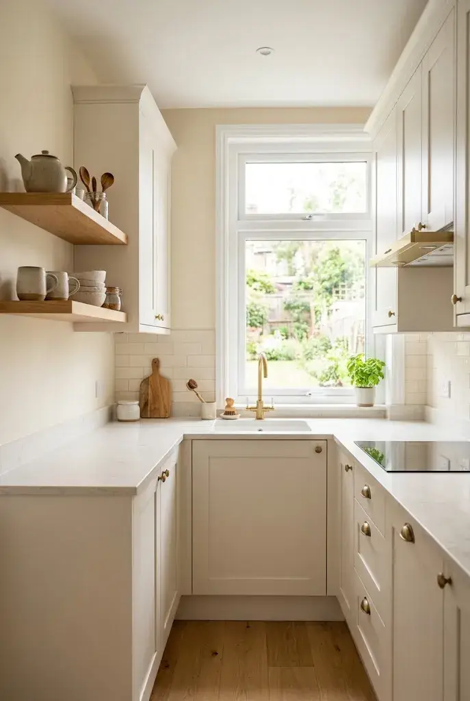 Small kitchen with soft white cabinets, cream walls, pale countertops, brass hardware, and natural light.