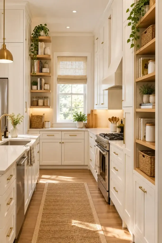 Small kitchen with tall cabinets, vertical shelves, baskets, and organized storage reaching toward the ceiling.