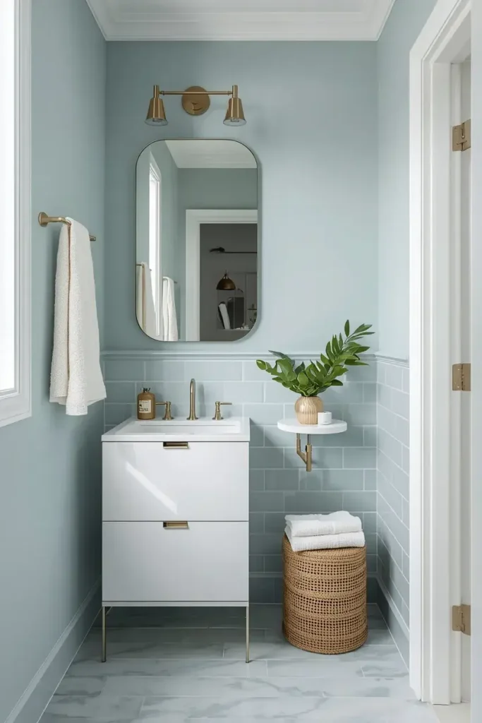 Small light blue bathroom with a large mirror, white vanity, glossy tiles, and brass fixtures.
