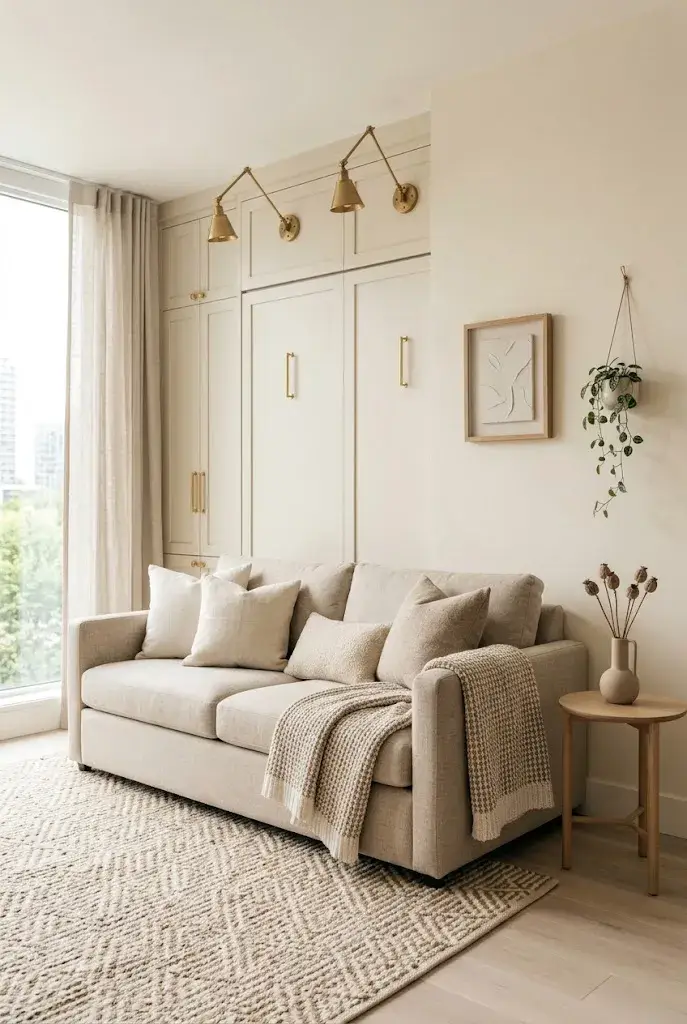 Small multifunctional room with a Murphy bed and comfortable sofa seating