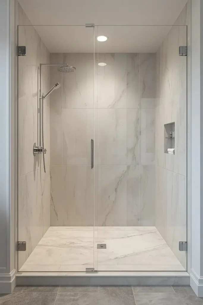 Small shower featuring large format marble wall tiles