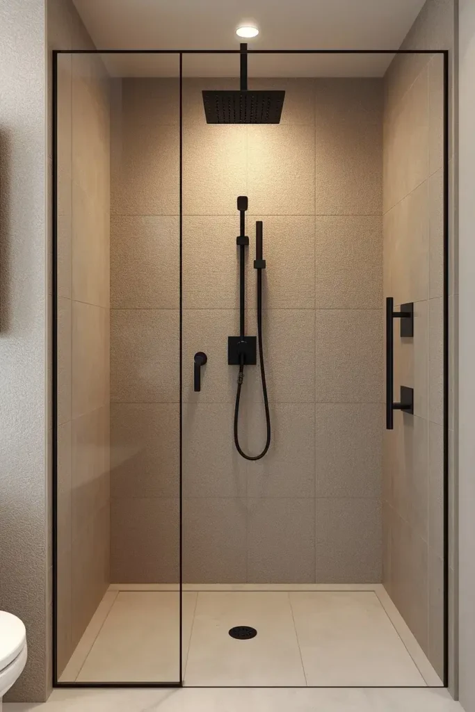 Small shower with a sleek wall mounted faucet and minimalist design