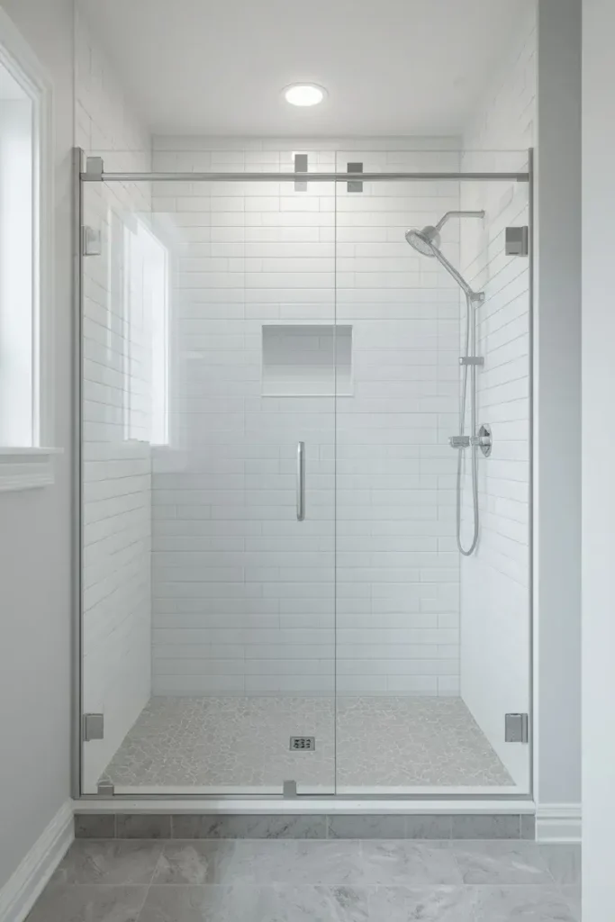 Small shower with clear glass doors and bright white tiles