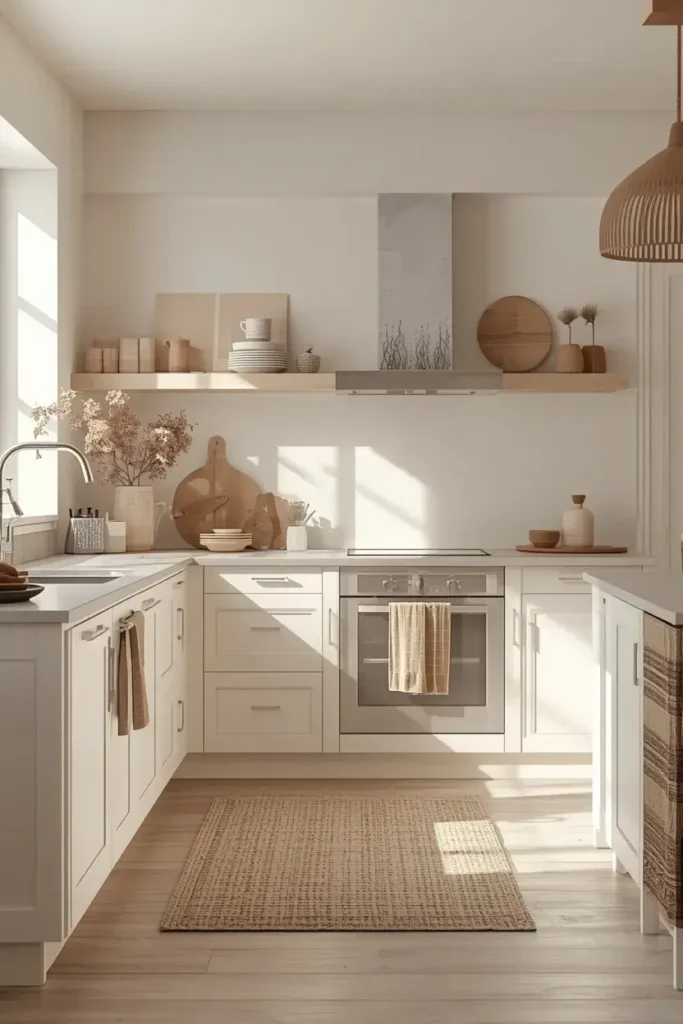 Small white kitchen with wooden open shelving and simple decor