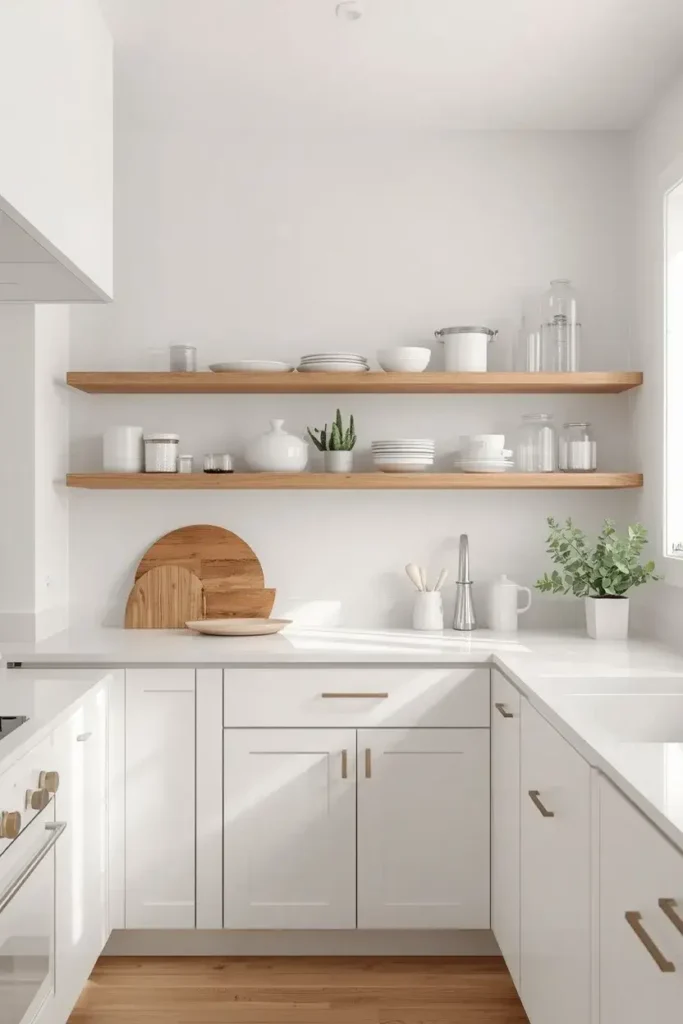Small white kitchen with wooden open shelving and simple decor
