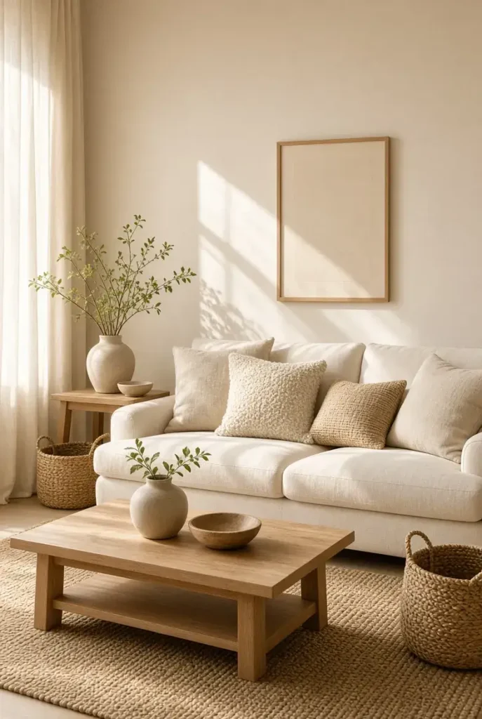Soft beige accent wall with ivory sofa and light wood furniture in a calm living room