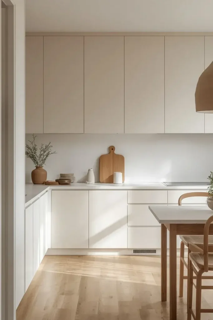 Soft beige, cream, and natural wood create a peaceful neutral Japandi kitchen.