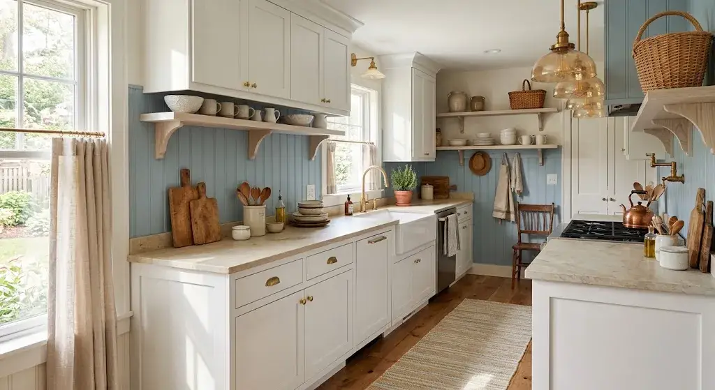 Soft blue bead board backsplash in a coastal kitchen
