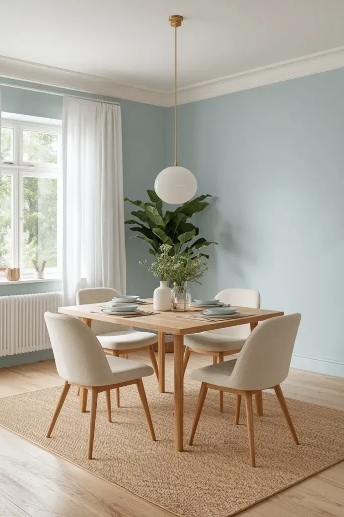 Soft blue dining room with oak table and cream dining chairs
