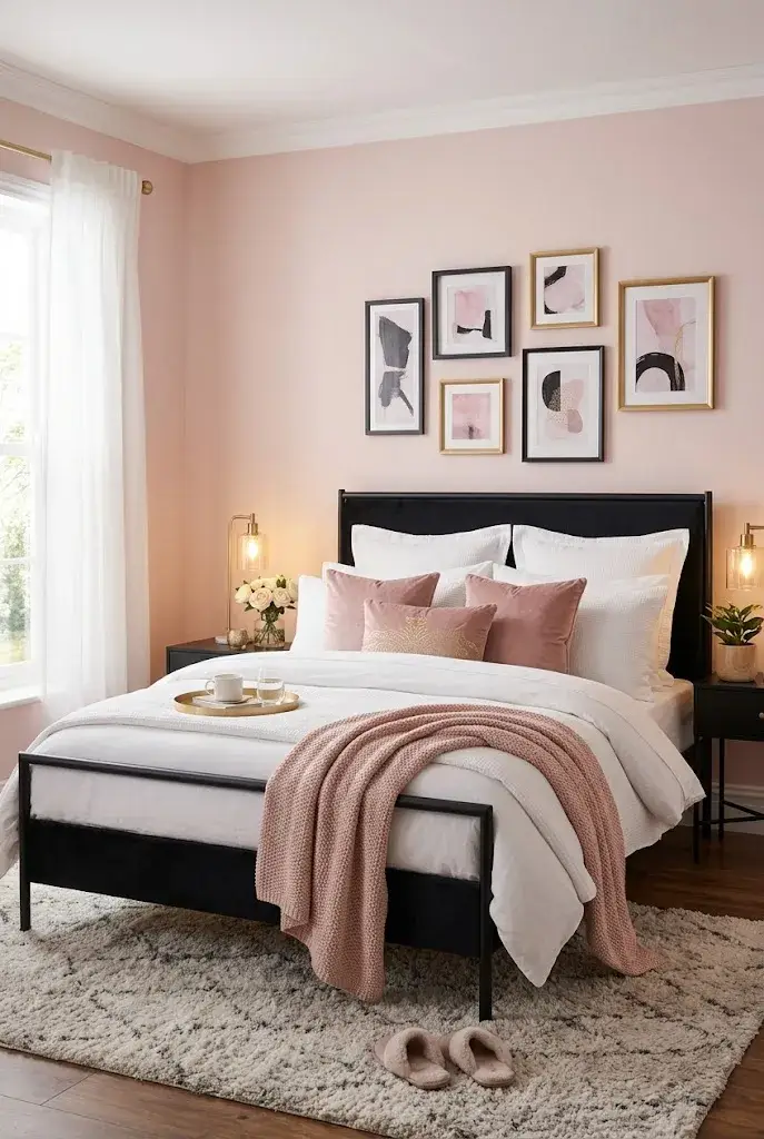 Soft blush pink and black bedroom with white bedding, black furniture, and warm lighting.