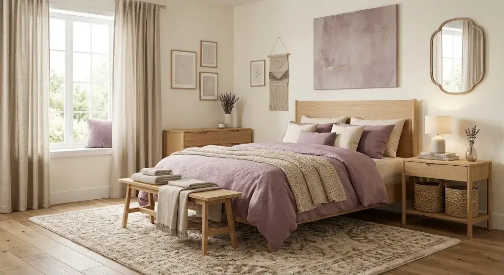 Soft mauve bedroom with cream walls, beige curtains, and natural wood furniture.