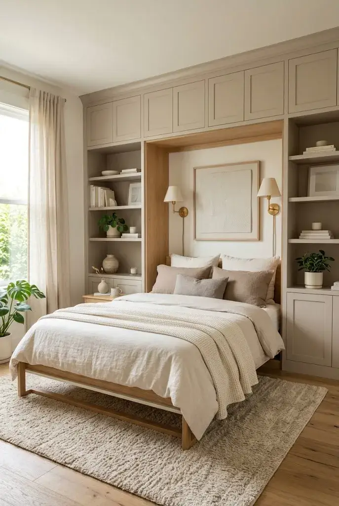 Soft neutral Murphy bed wall with cream cabinetry and cozy bedroom decor