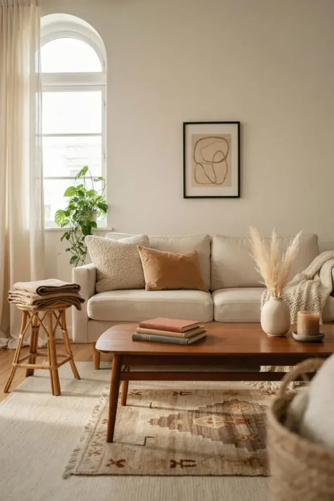 Soft neutral area rug creating a cozy and inviting living room