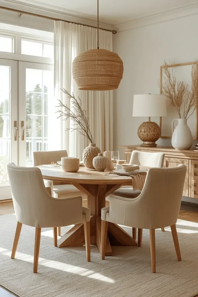 Soft neutral dining room with beige chairs, natural wood furniture, linen curtains, and layered textures.