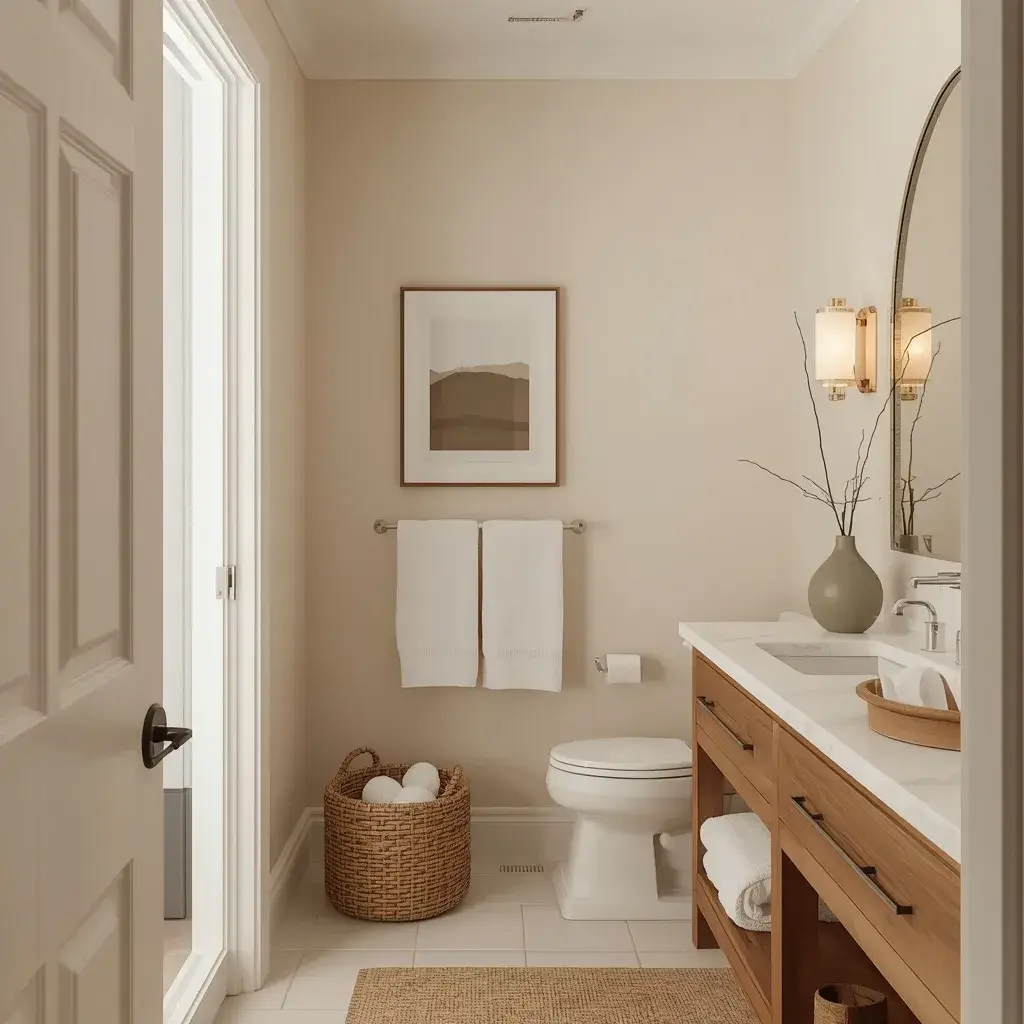 Soft neutral guest bathroom with beige walls, wood accents, woven basket, and white towels