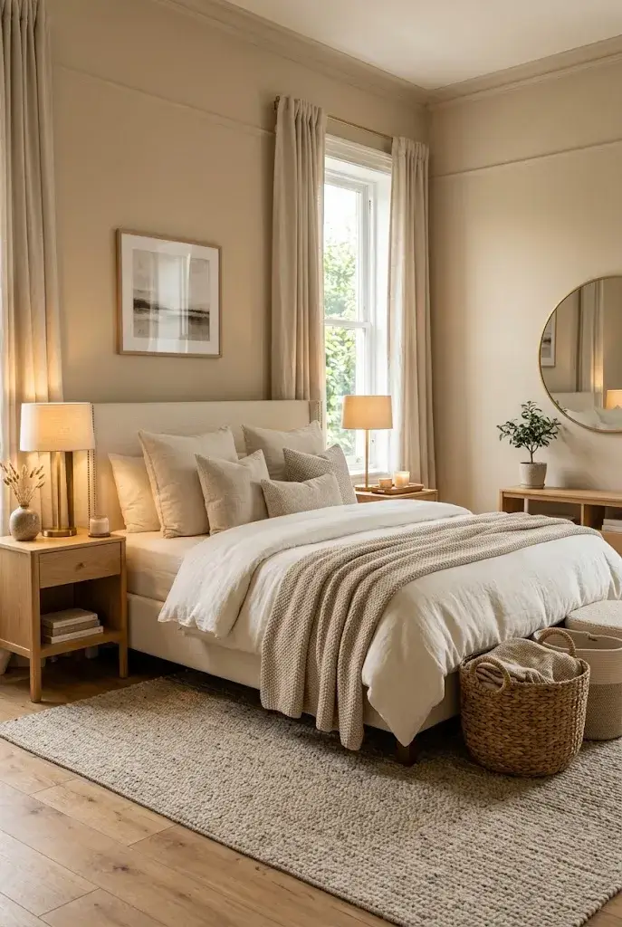 Soft neutral master bedroom with beige walls, cream bedding, and warm wood furniture