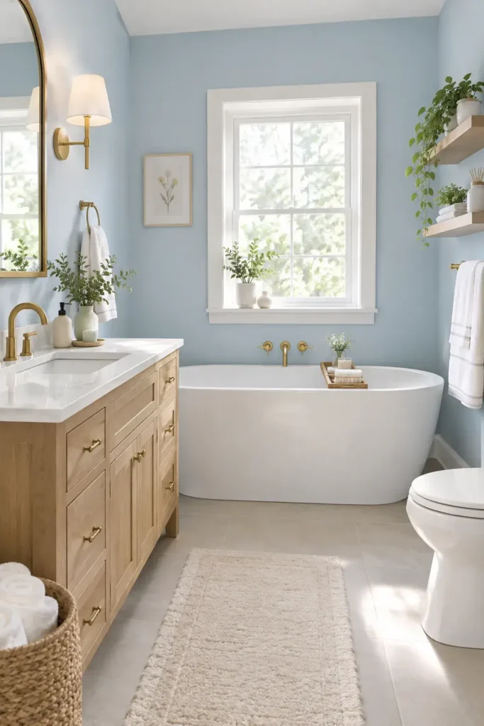 Soft powder blue bathroom with white fixtures, pale wood vanity, brass details, and cozy neutral accessories.