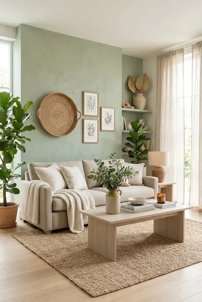 Soft sage green accent wall with neutral furniture and plants in a peaceful living room