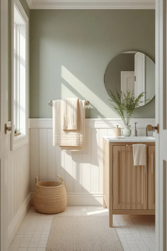 Soft sage green bathroom with cream towels, light oak vanity, woven basket, and natural plant.