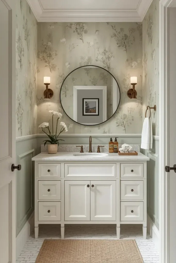 Soft sage green botanical accent wall creating a calming bathroom atmosphere.